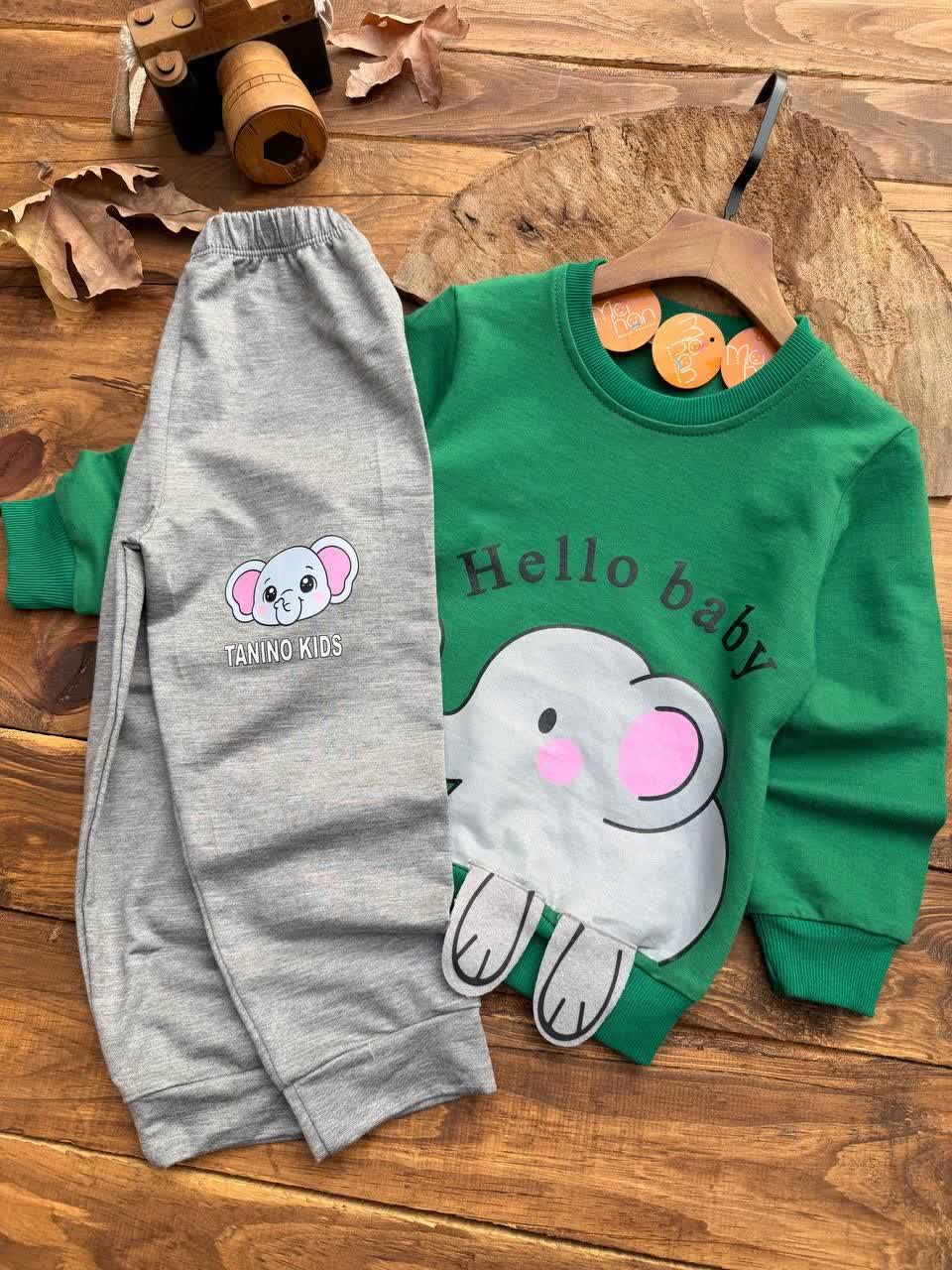 بلوز شلوار فیل پادار hello baby اسپرت یونیسکس سایز 35 40 45
