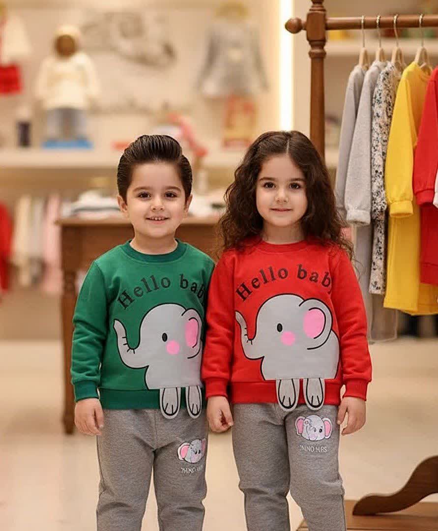 بلوز شلوار فیل پادار hello baby اسپرت یونیسکس سایز 35 40 45